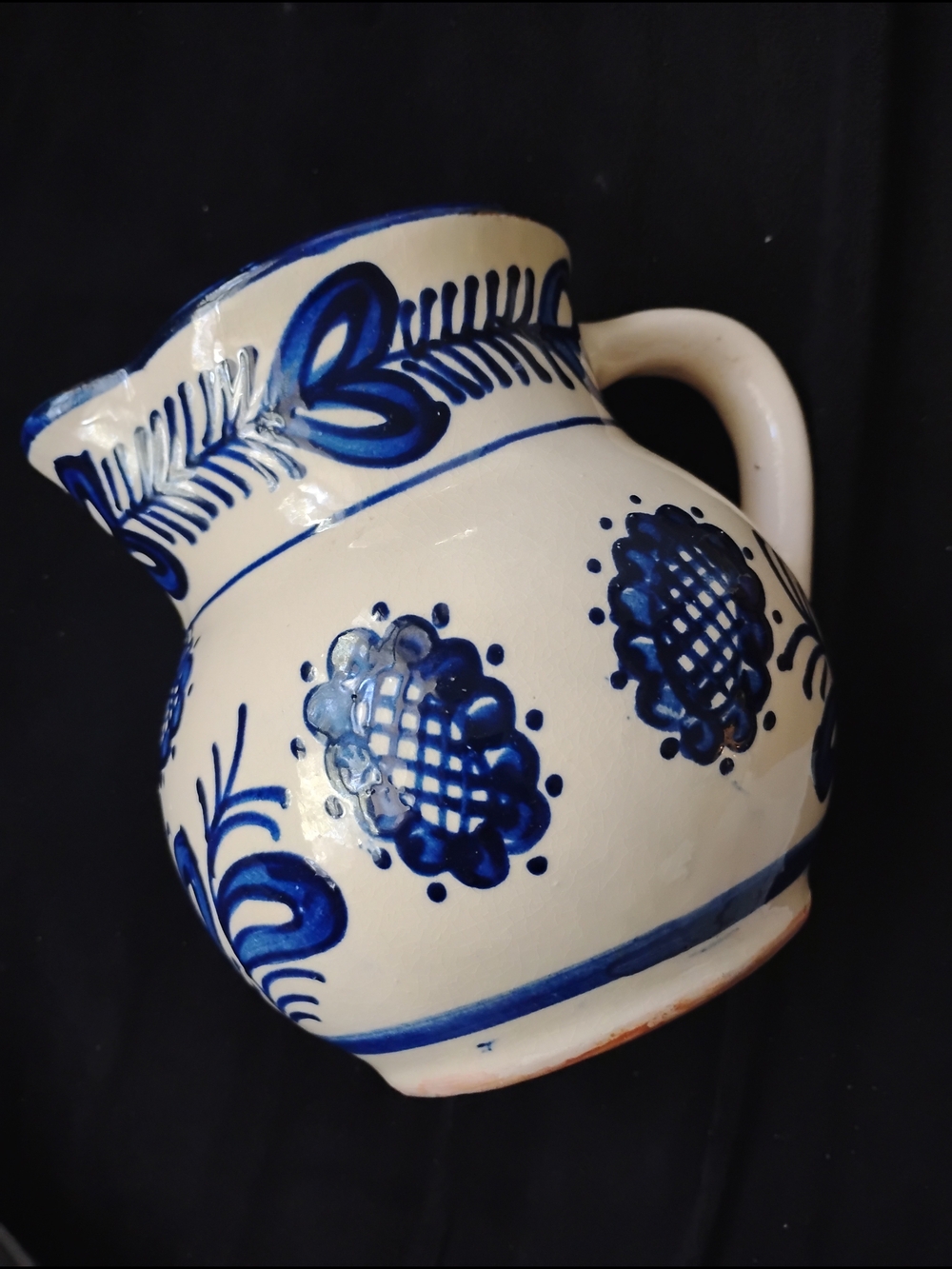 Vuntage Korond Blue and White Handmade Ceramic Pitcher Transylvania Folk Art